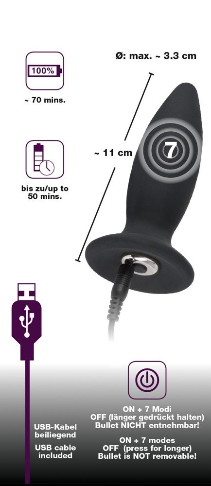 Korek analny silikonowy z wibracjami 7trybów 11cm Black Velvets Korek analny silikonowy z wibracjami 7trybów 11cm Black Velvets