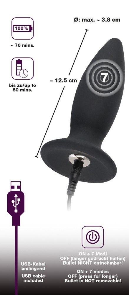 Korek analny silikonowy z wibracjami 7trybów 12cm Black Velvets Korek analny silikonowy z wibracjami 7trybów 12cm Black Velvets