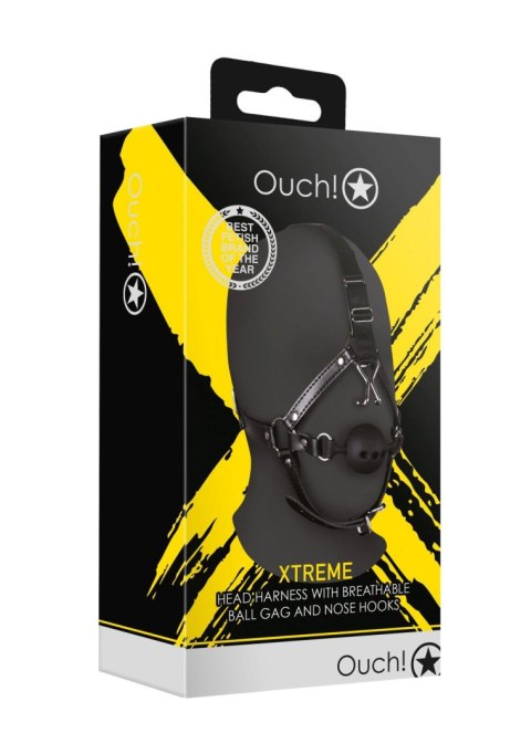 Head Harness with Breathable Ball Gag and Nose Hooks - Black Ouch! Head Harness with Breathable Ball Gag and Nose Hooks - Black Ouch!