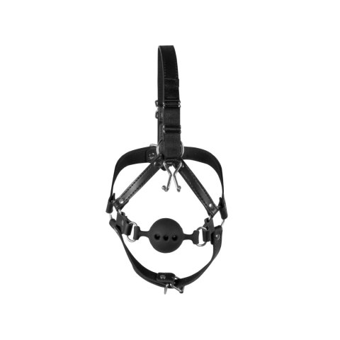 Head Harness with Breathable Ball Gag and Nose Hooks - Black Ouch! Head Harness with Breathable Ball Gag and Nose Hooks - Black Ouch!