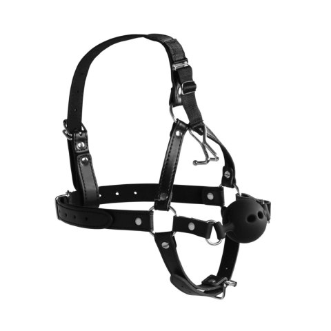 Head Harness with Breathable Ball Gag and Nose Hooks - Black Ouch! Head Harness with Breathable Ball Gag and Nose Hooks - Black Ouch!